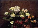 Henri Fantin-latour Wall Art - Hydrangias Cloves and Two Pots of Pansies